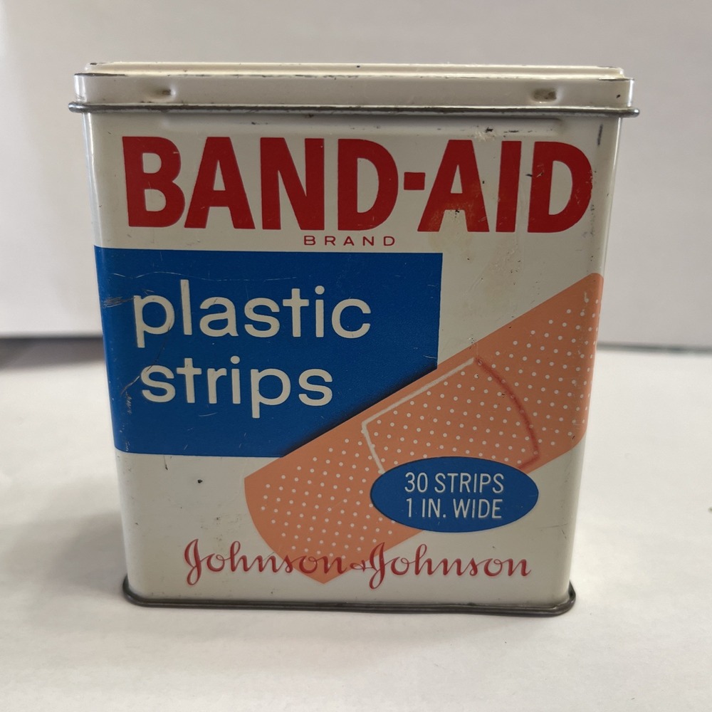 Vintage Band-Aid Hinged Lid Tin Box Johnson & Johnson Plastic Strip‎